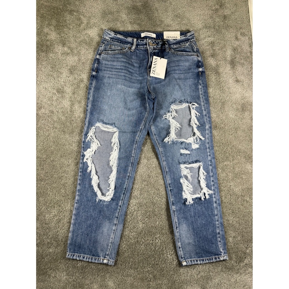 Zenana Distressed Mom Jeans Blue Medium Wash Ripped Denim DOP-1471MM Size 26